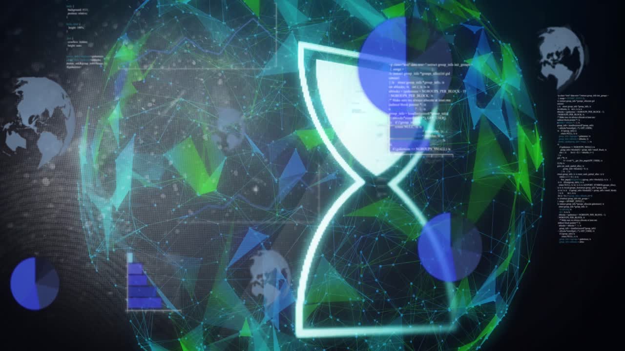 animación del icono del reloj de arena de carga y la red de conexiones con el globo