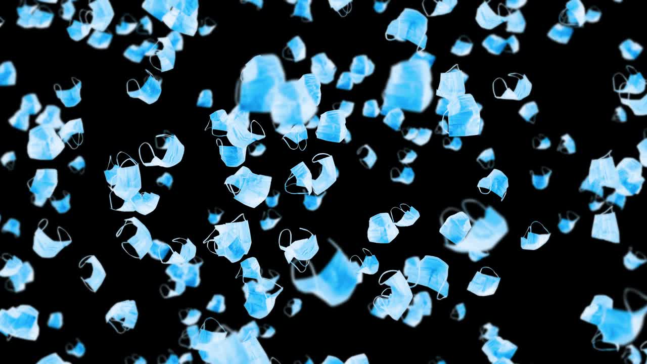 검은 바탕에 많은 파란 마스크를 날아. 의료 개념. 수술 보호 마스크. 마스크 회전의 3d 애니메이션. 루프 애니메이션.