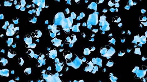 volando muchas máscaras azules sobre fondo negro. concepto médico. máscaras de protección quirúrgicas. animación 3d de la máscara giratoria. animación de bucle.