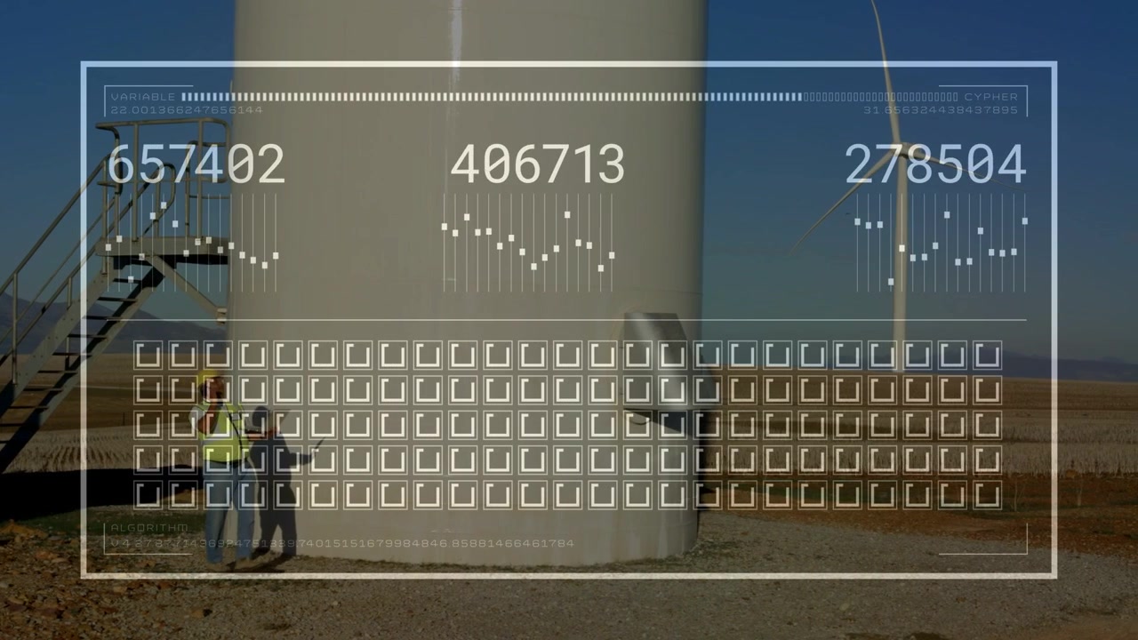 Due tecnici attivano un overlay, ispezionano una turbina eolica mentre monitorano le letture numeriche.