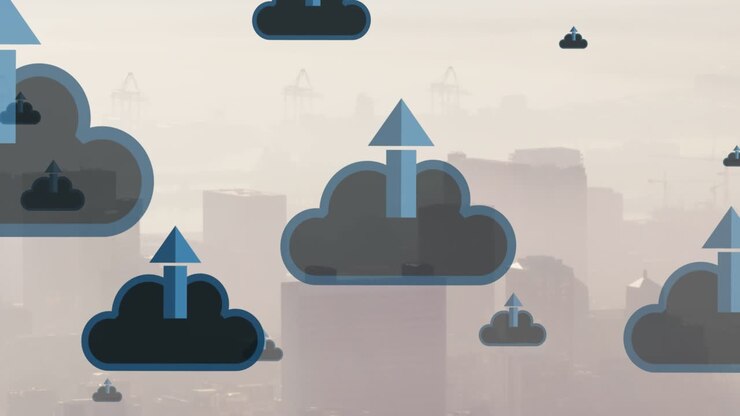 Animation of arrow in clouds over fog covered modern buildings against sky