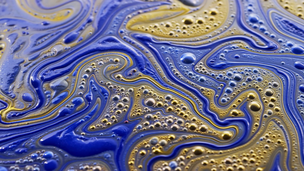 Blue Gold Fluid Swirl Macro Closeup, Glossy Viscous Paint Forming Intricate Marbling And Bubble Clusters,