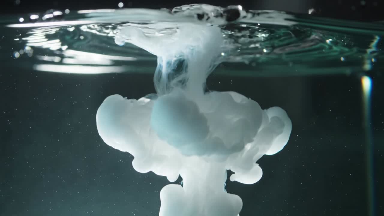 Dropping white droplet passing surface, elongating into cloudy plume in lab tank, mixing with water