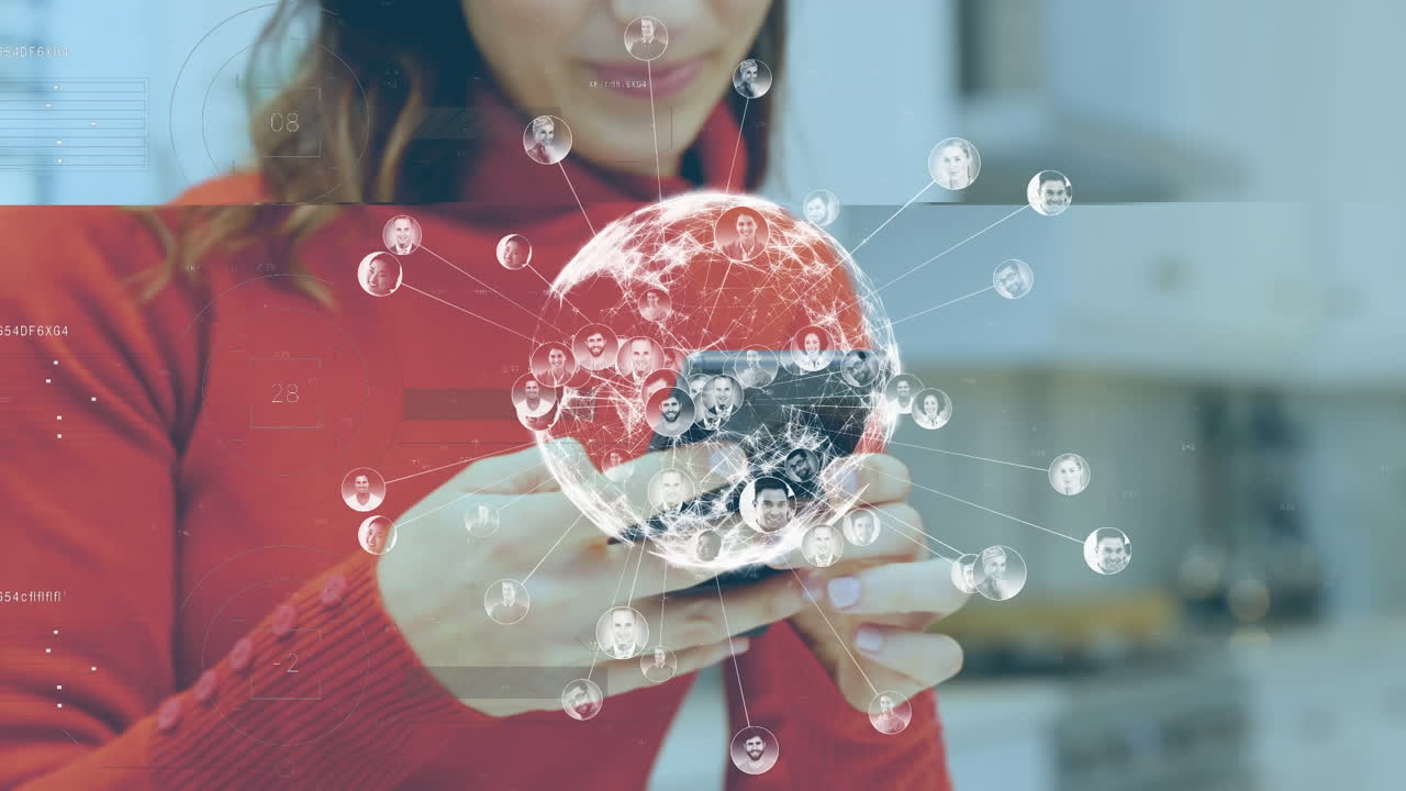 animación de la red de conexiones y el mundo sobre las mujeres caucásicas que usan teléfonos inteligentes