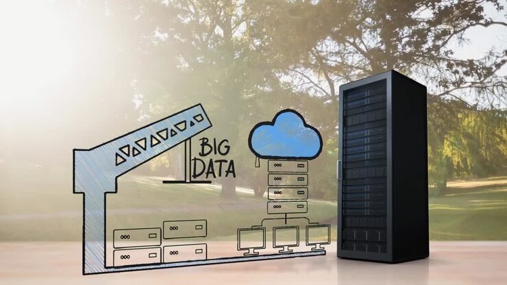 Animation of big data, network scheme and server over landscape