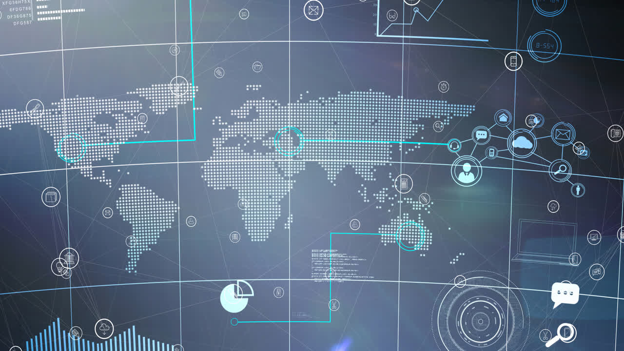 animación de la red de conexiones con iconos digitales sobre el mapa del mundo en el fondo