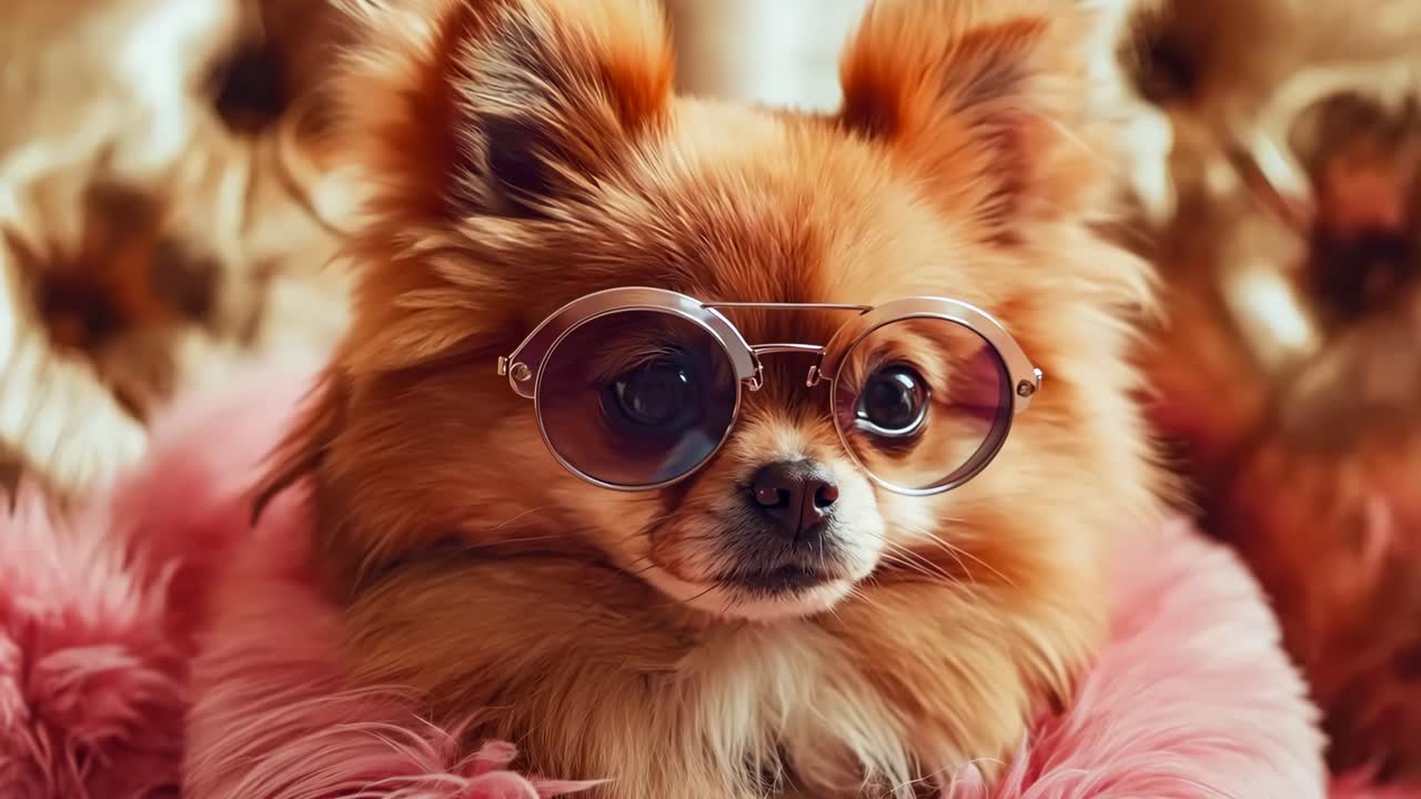 핑크색 담요 위에 앉아 있는 한 의 안경을 입은 작은 개