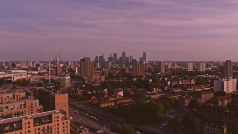 London-sunset-drone-flyting-towards-Canary-wharf