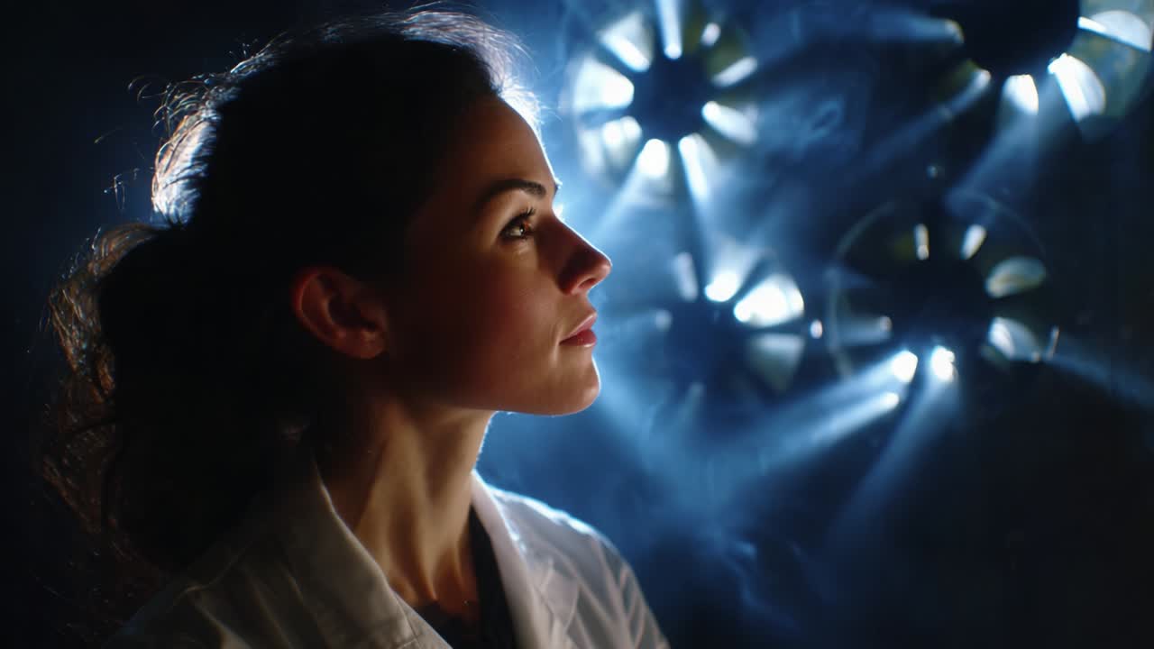 A Thoughtful Researcher Contemplating Innovations in Science, Illuminated by Dramatic Lighting and Dynamic Shadows from Rotating Fans, Representing the Intersection of Technology and Human Insight