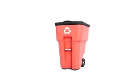 red plastic garbage bin with recycling logo, isolated on white background. camera slides near trash can, zoom to object.