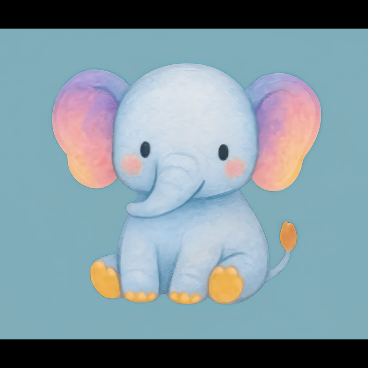 Simpatico elefantino animato con orecchie colorate che batte le palpebre