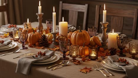festive autumn dining table setting with pumpkins and candles