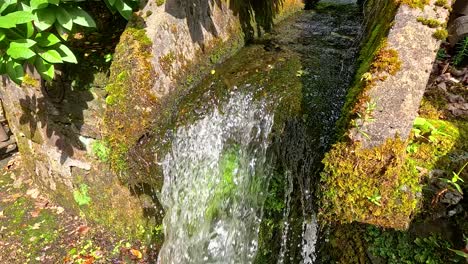 water flowing over mossy stone structure