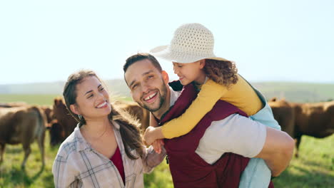 man, woman and girl bonding on farm in nature