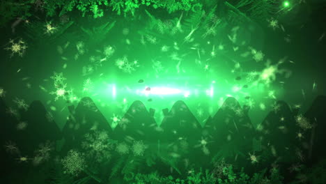 animation of christmas snow falling over christmas decorations on green background