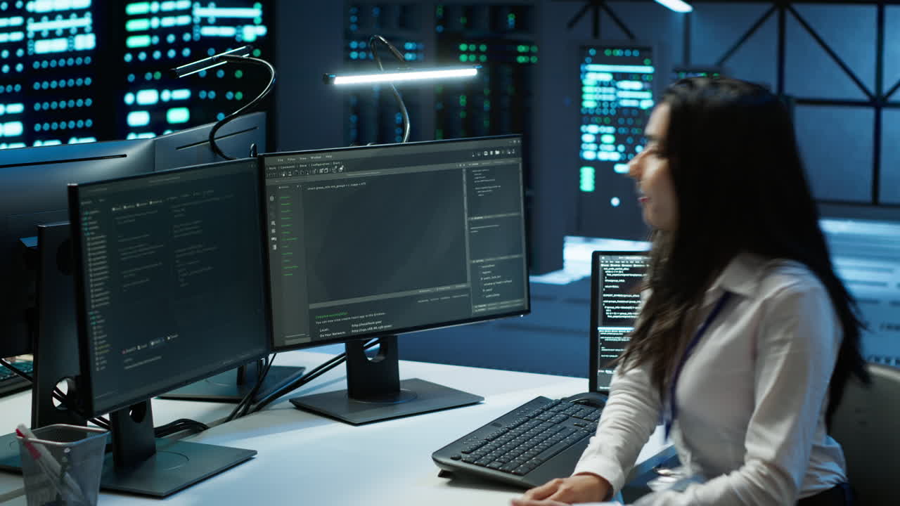 ingeniero en un centro de datos sentado en su escritorio, instalando software