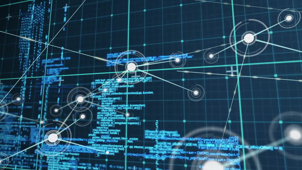 animación de conexiones de red y procesamiento de datos sobre un fondo de cuadrícula digital azul