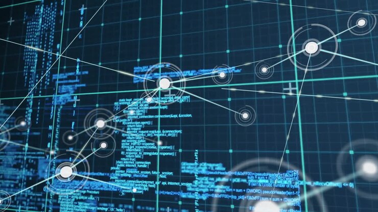 Network connections and data processing animation over blue digital grid background