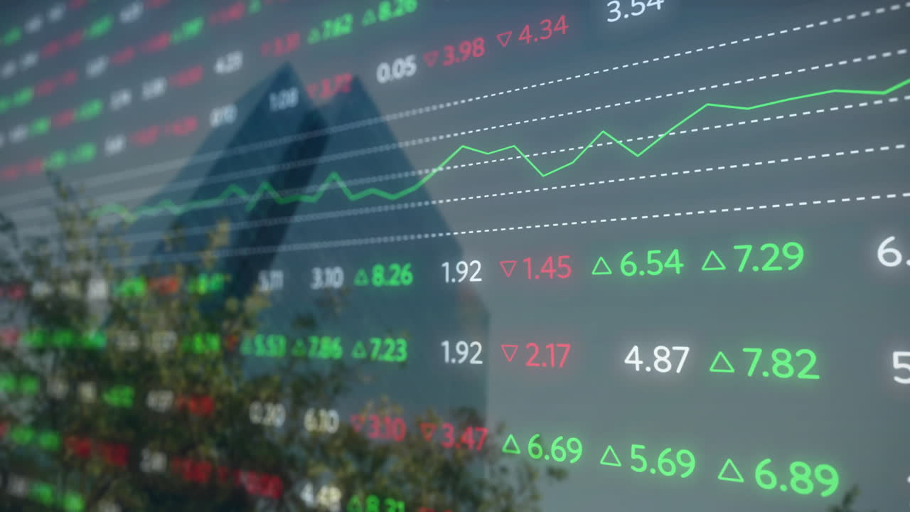 animación del procesamiento de datos financieros sobre el paisaje urbano