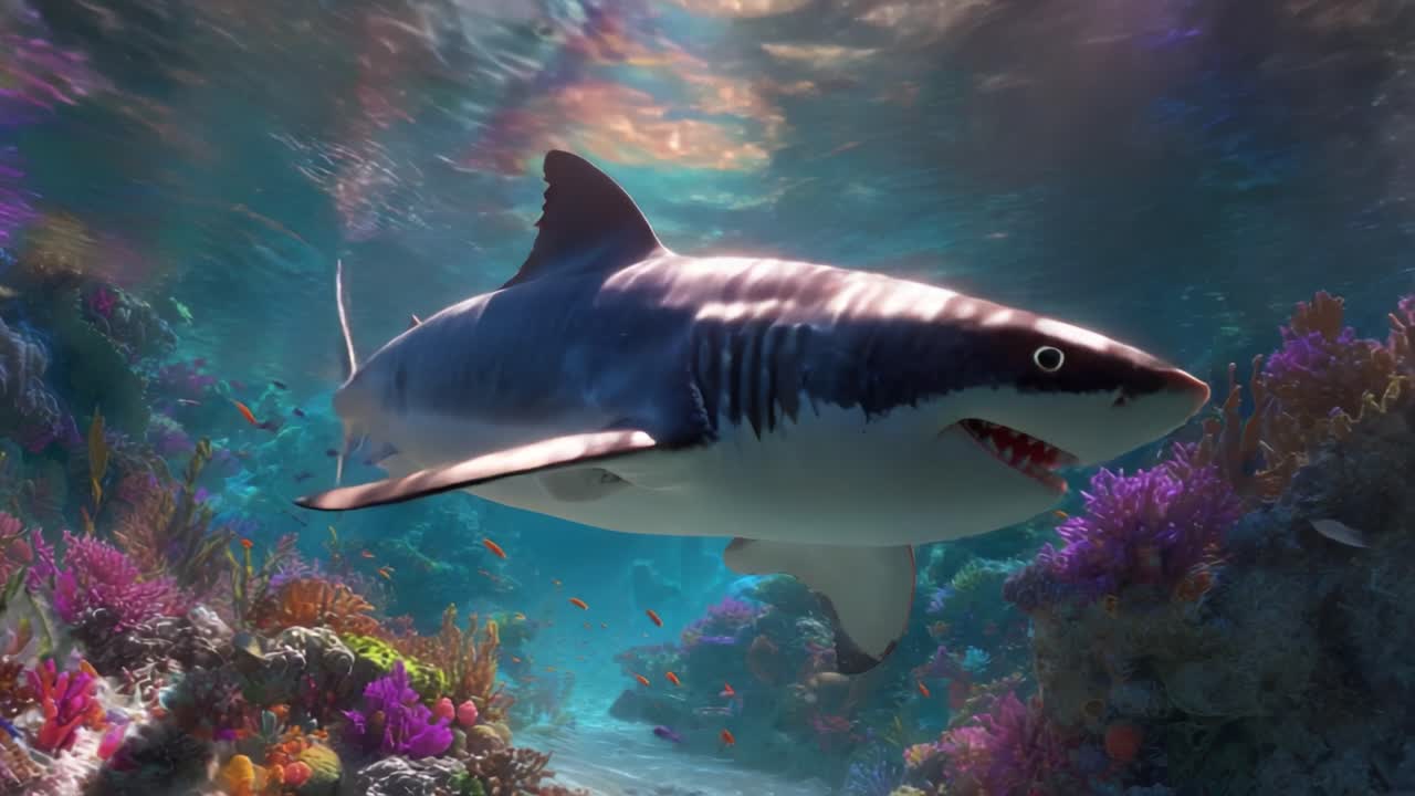A Spectacular Underwater Encounter with a Great White Shark Elegantly Gliding Through Vibrant Coral Reefs and Colorful Schools of Fish in a Stunning Aquatic Habitat