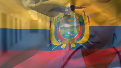 digital composition of ecuador flag waving against african american woman at hospital