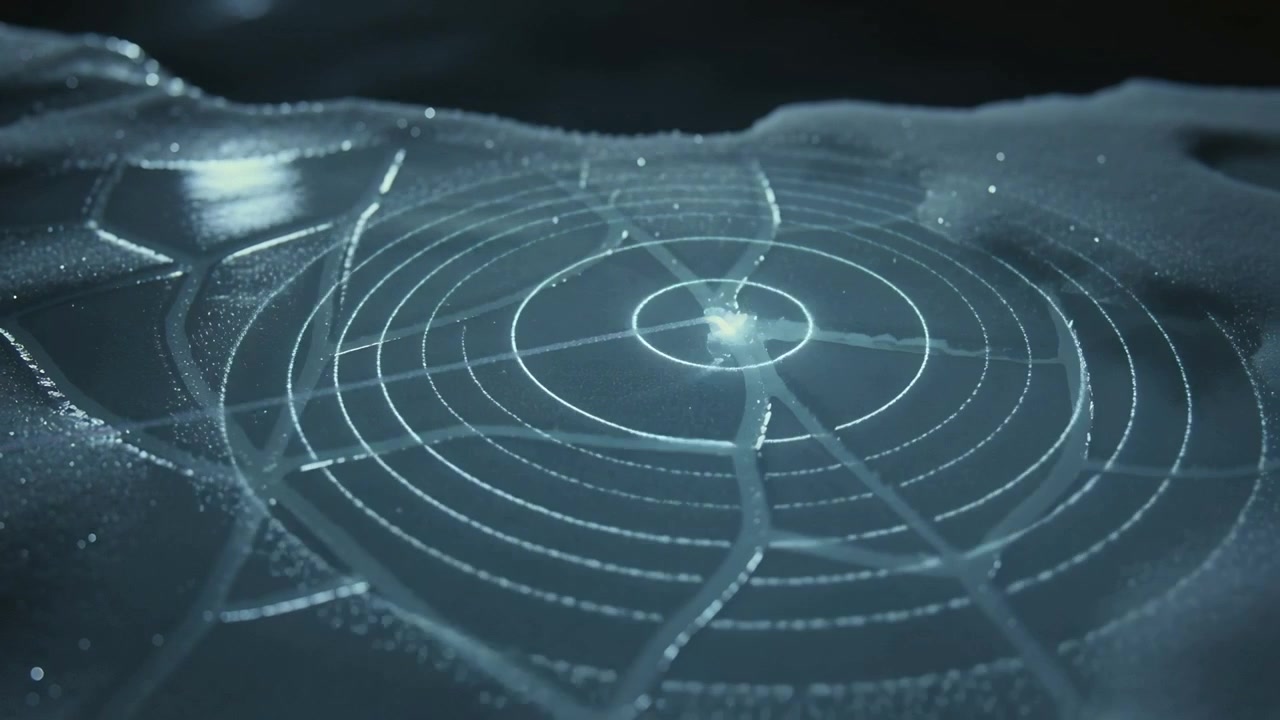 Traveling tracer line creating ripple rings on shiny veined surface, activating purple-pink core