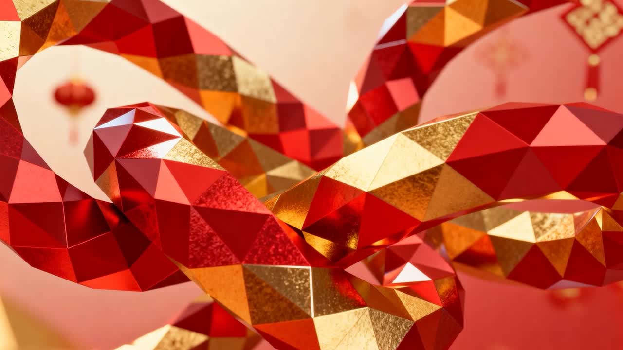 Panning camera nudging faceted knot turning and showing warm gold facets in studio, with lanterns