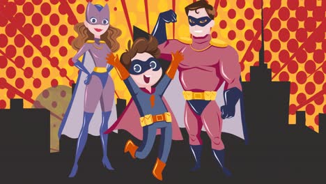 animación de una familia de superhéroes abrazándose sobre un fondo amarillo