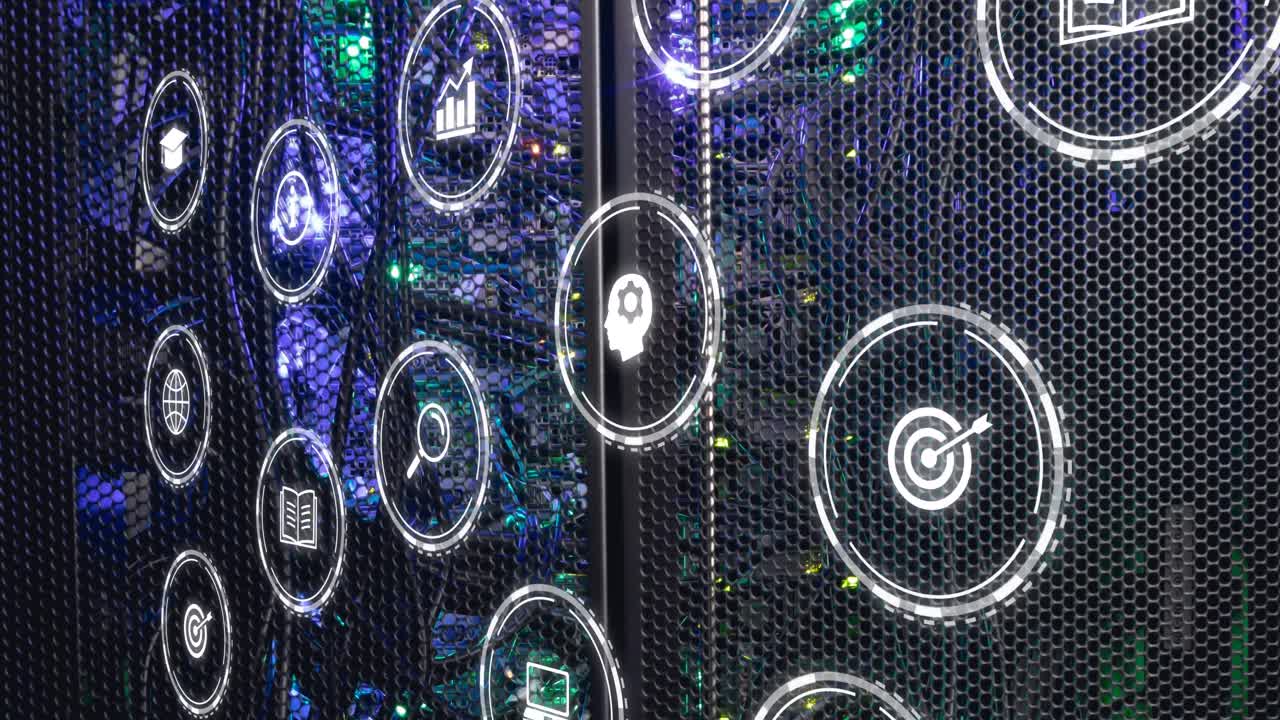 animación de múltiples íconos digitales contra el primer plano de un servidor de computadora.