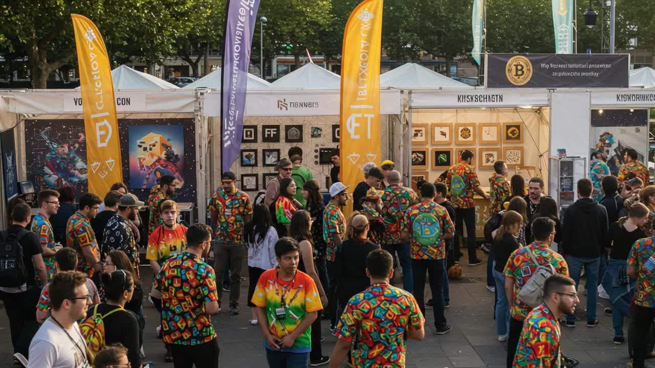 A Vibrant Gathering of Enthusiasts at an Outdoor Event Showcasing Art and Technology, Characterized by Colorful Attire and Engaging Displays in a Festive Environment