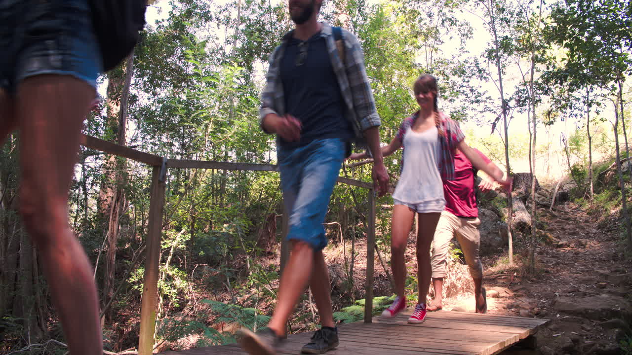 amigos caminando sobre un pequeño puente de madera en un bosque