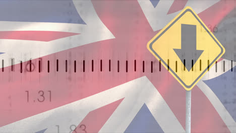 Animation-of-financial-data-processing-over-road-sign-and-flag-of-uk