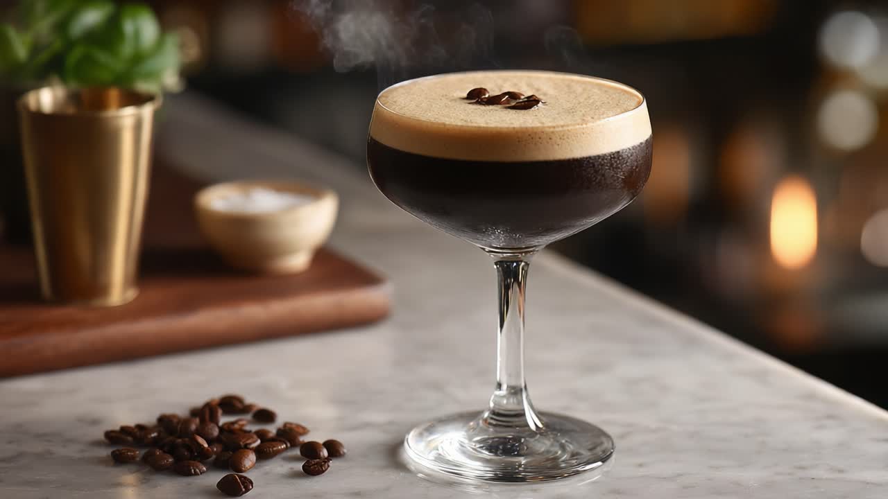 A Captivating Close-Up of an Exquisite Coffee Cocktail Served in a Stylish Glass, Perfectly Topped with Espresso Foam and Coffee Beans, Evoking Rich Flavors and Elegance