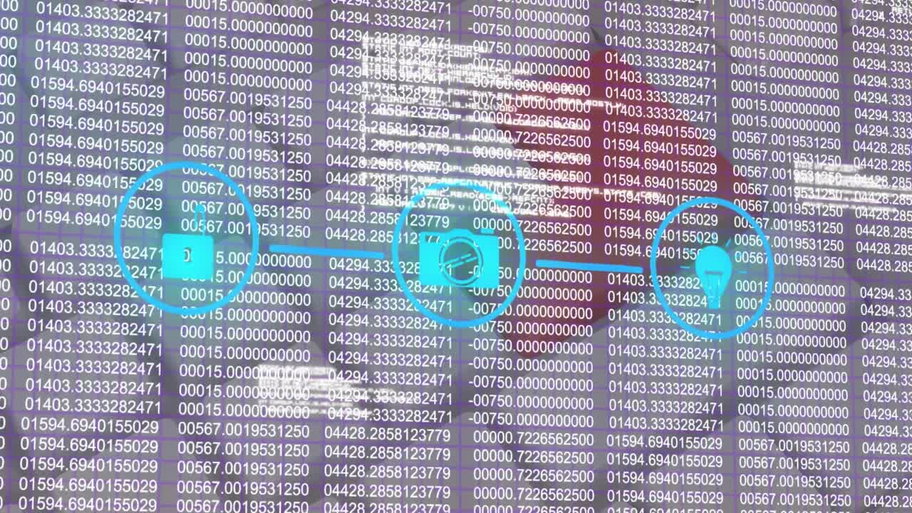 Animation of data processing and media icons over keyboard