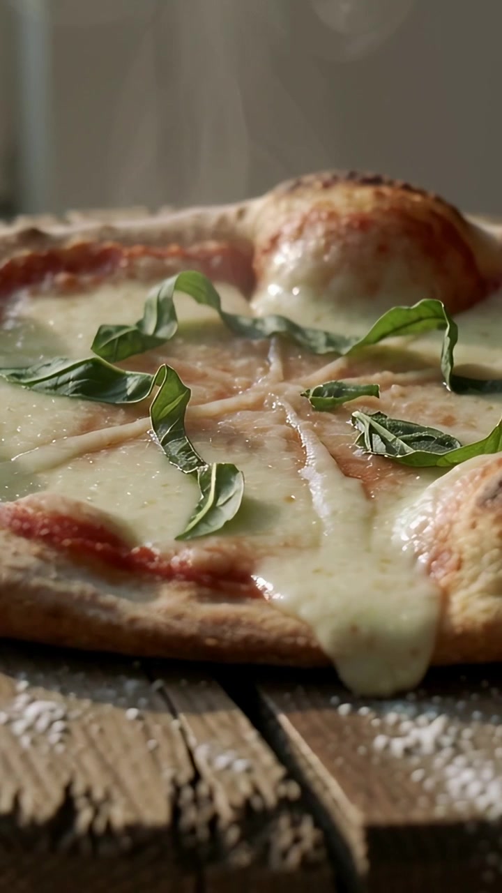 Video verticale: Pizza Margherita fumante appena sfornata su un tagliere di quercia, mozzarella che bolle