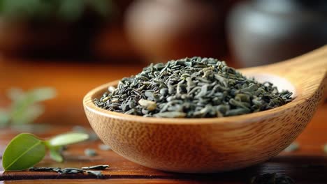 green tea in wooden spoon