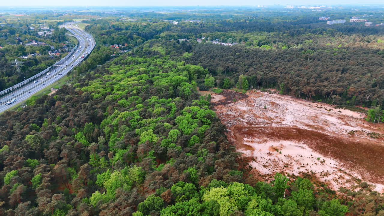 Green landscape: forest vs. clearing. Lush green forests meet a large barren area under clear skies, showcasing nature's diverse ecosystem and land use