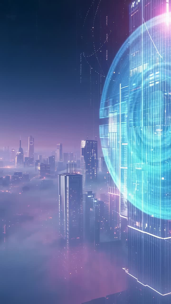 Vertical video: Forming neon strands on tower leading sphere appearing in misty night, copy space