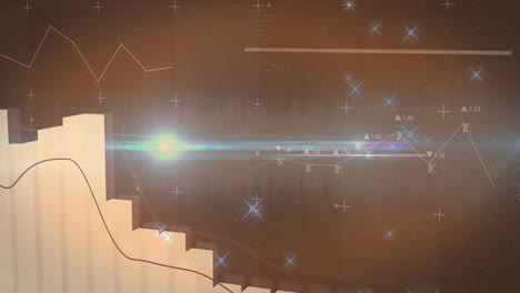 Glowing financial data charts and graphs with animation on brown background