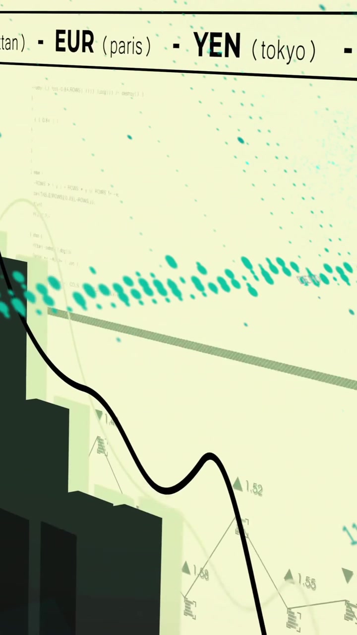 Animazione di dati finanziari e tassi di cambio su una persona che analizza grafici e diagrammi