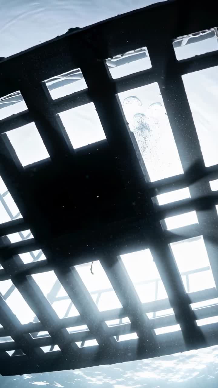 Video verticale: Telecamera inclinata che mostra una griglia metallica con scala sotto il molo, bolla che sale dalla marea.
