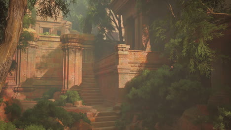 ancient temple ruins overgrown in a dense jungle