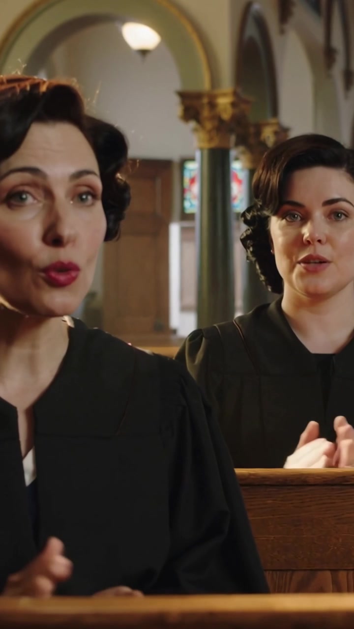 Vertical video: Singing lead woman leading on hymn cue, choir peer clapping in pews, black robes