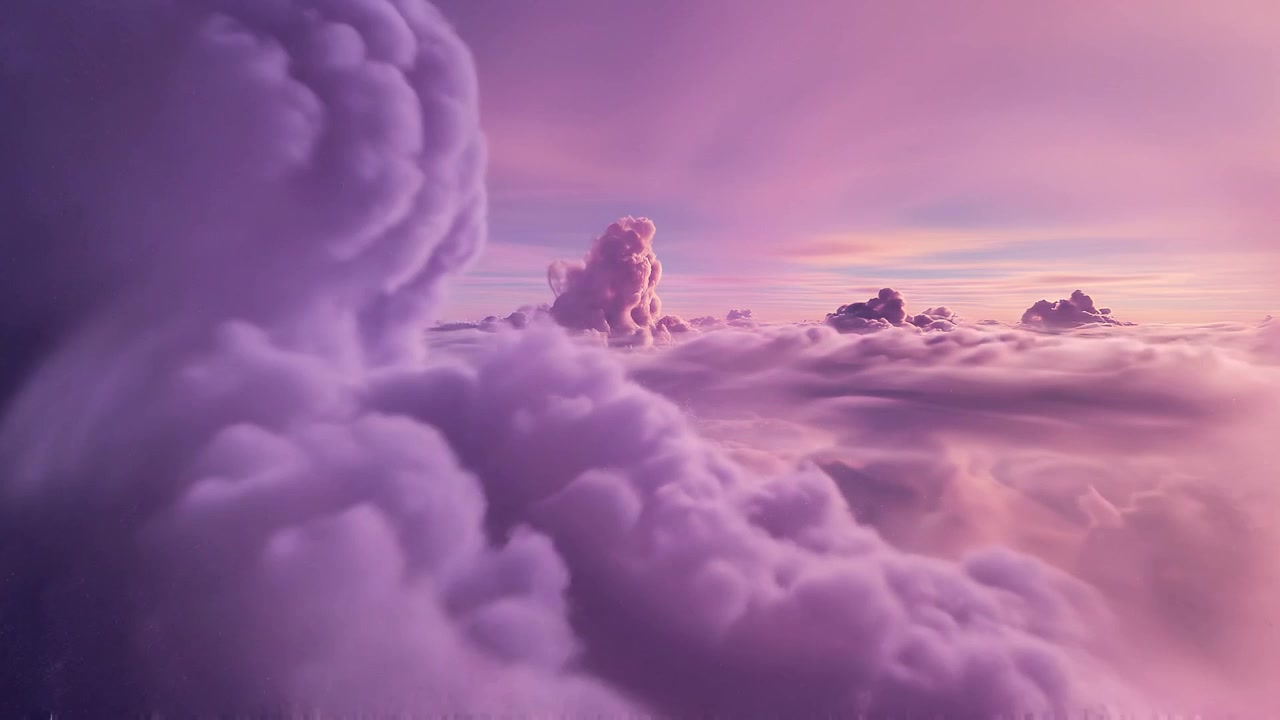 Surreal heart shaped purple and pink clouds at sunset