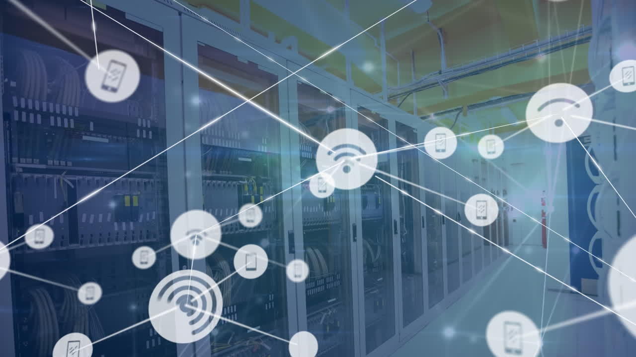 Animation of network of connections with icons over server room