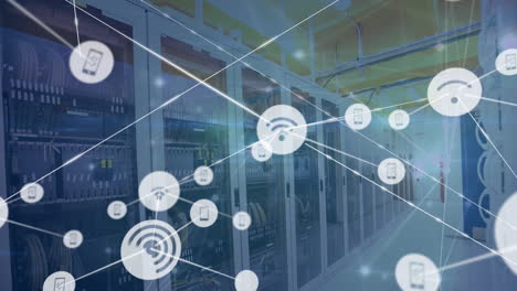 animation of network of connections with icons over server room