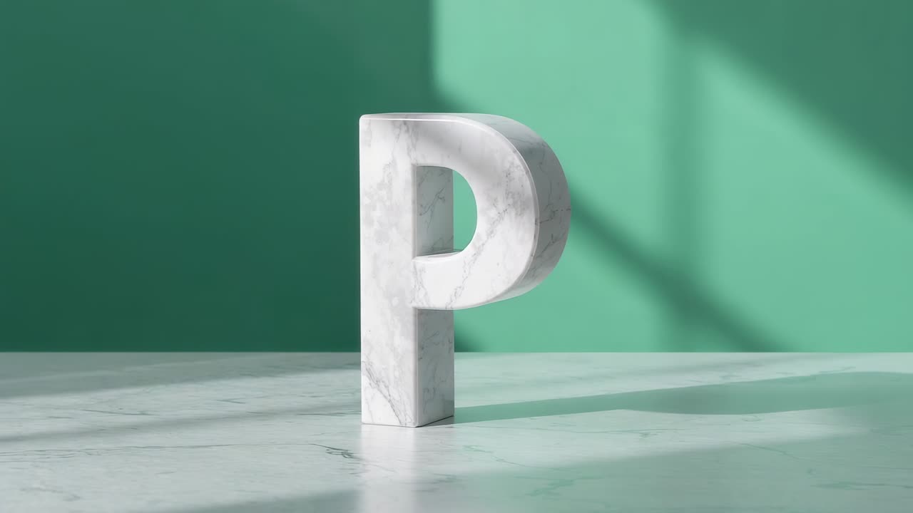 Soft light casting camera rotating around white marble letter P on tabletop against green backdrop