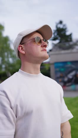 vertical shot of caucasian male stand outdoors and put sunglasses, czechia