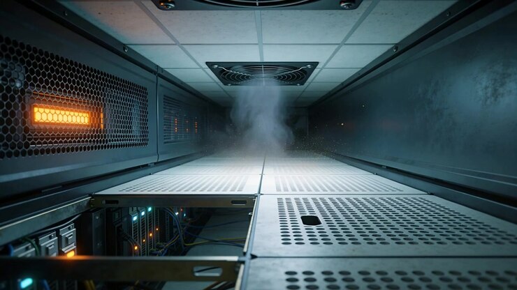 Rising vapor plume forming from raised floor toward ceiling fan in rack, orange glow heating gear