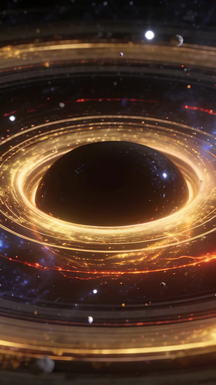 Vertical video: Close-up revealing central dark sphere with accretion disk, showing accretion